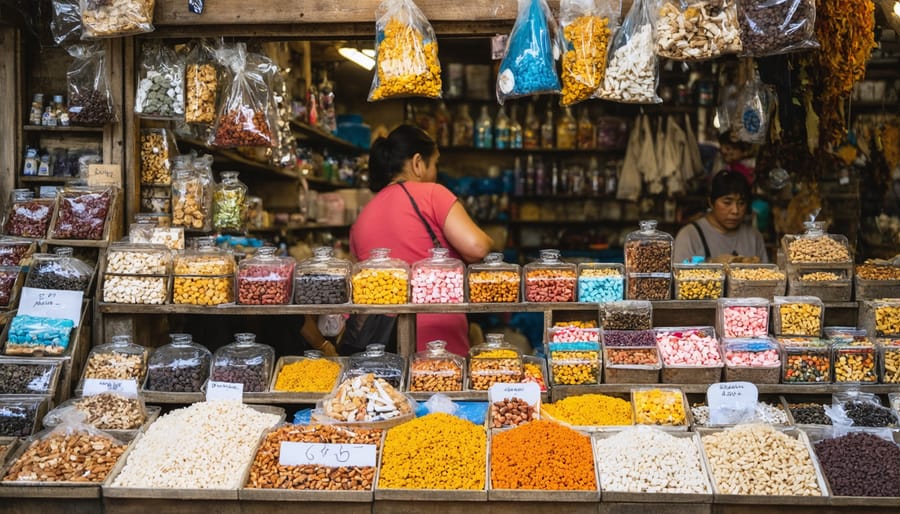 Market vendors selling freeze dried candies and archaeological souvenirs