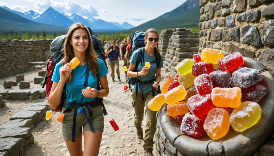 Tourists enjoying freeze-dried candies while exploring an archaeological site in Canada, blending history with modern taste.