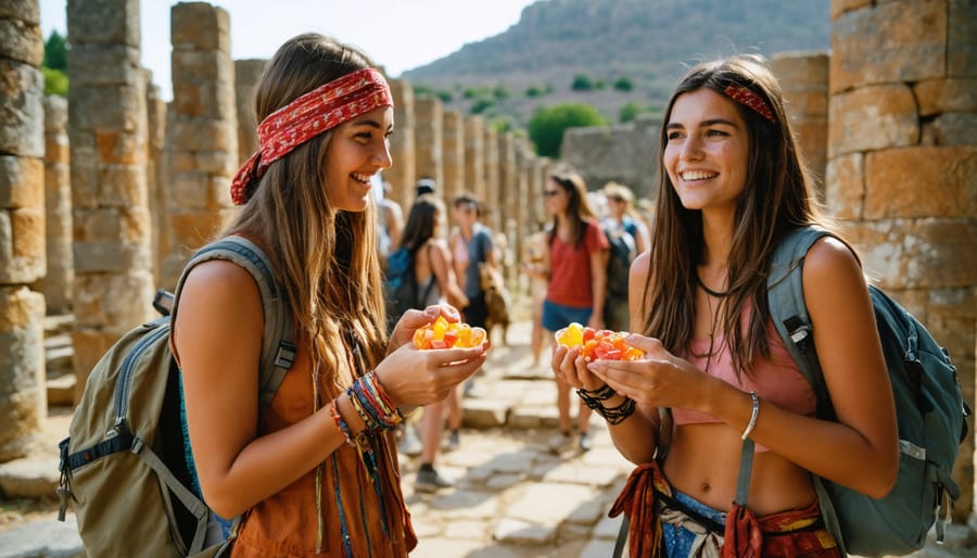 Tourists sampling freeze dried candies at an archaeological site